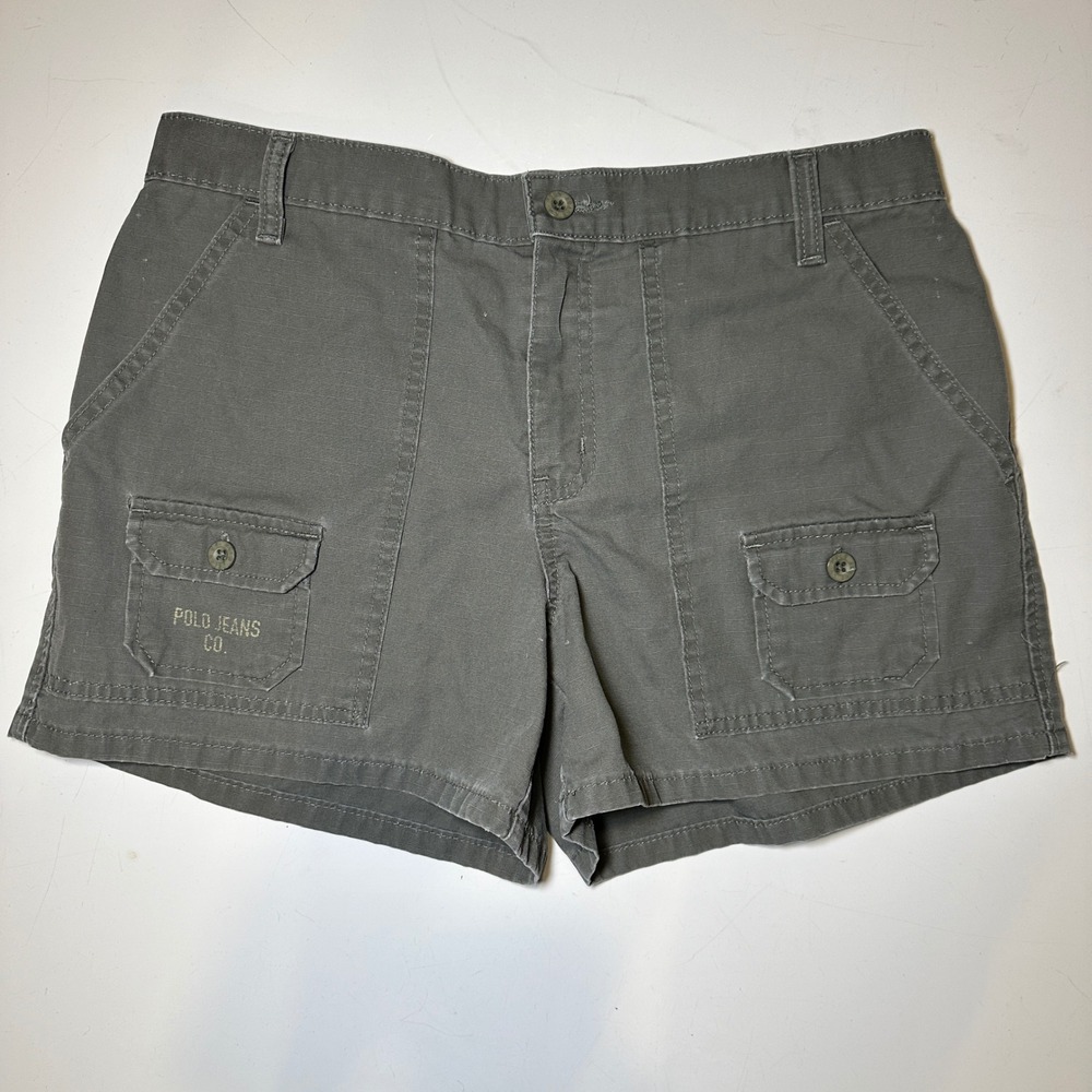 VTG Polo Jeans Cargo Shorts Olive Green Ripstop Pockets Y2K American Flag W8